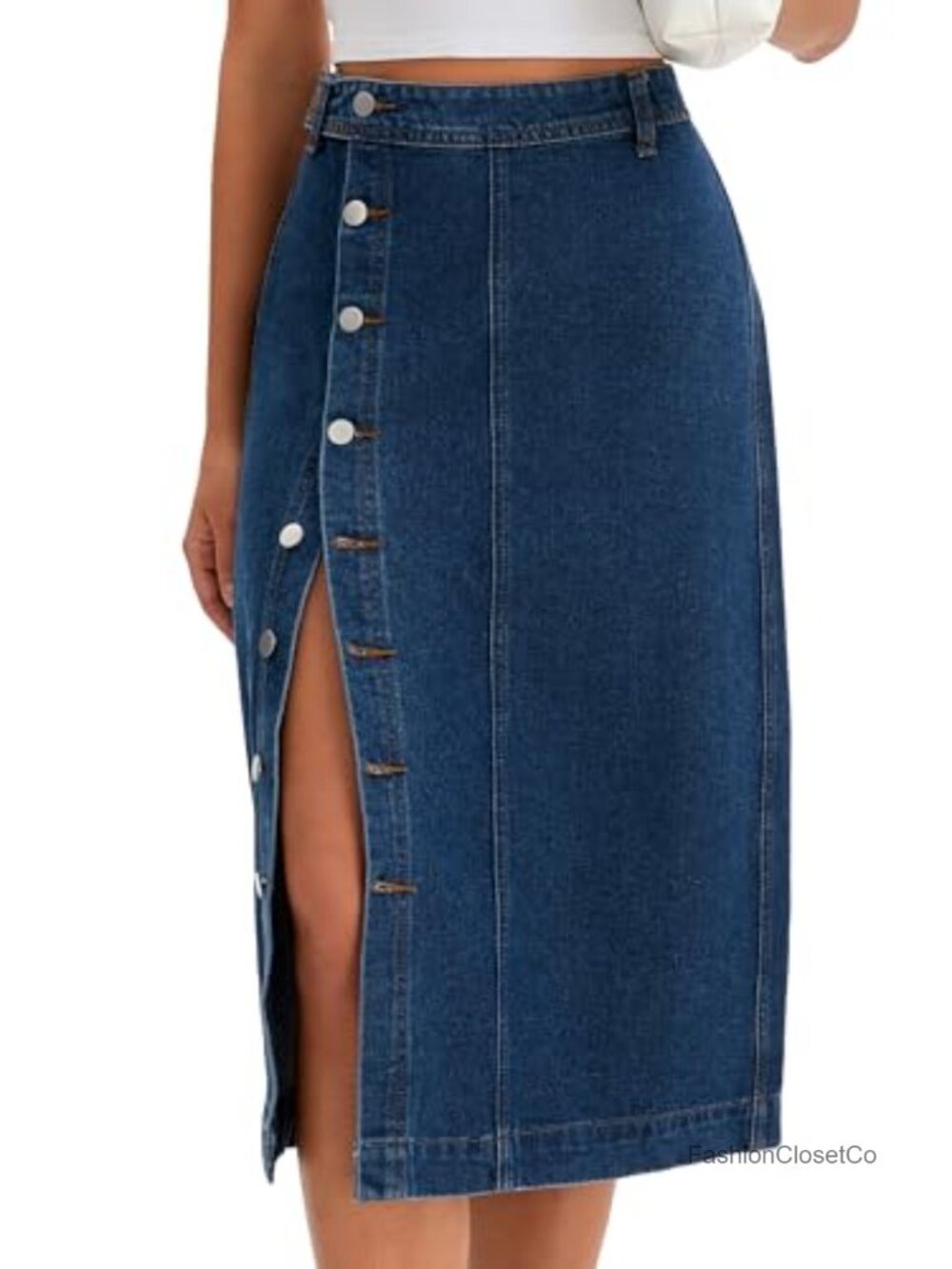 Button Down Midi Denim Skirt High Waisted Side Slit Pockets